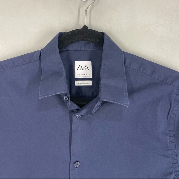 Zara Mens Large Super Slim Fit Navy Blue Short Sleeve Button Front Shirt Medium - Picture 2 of 5